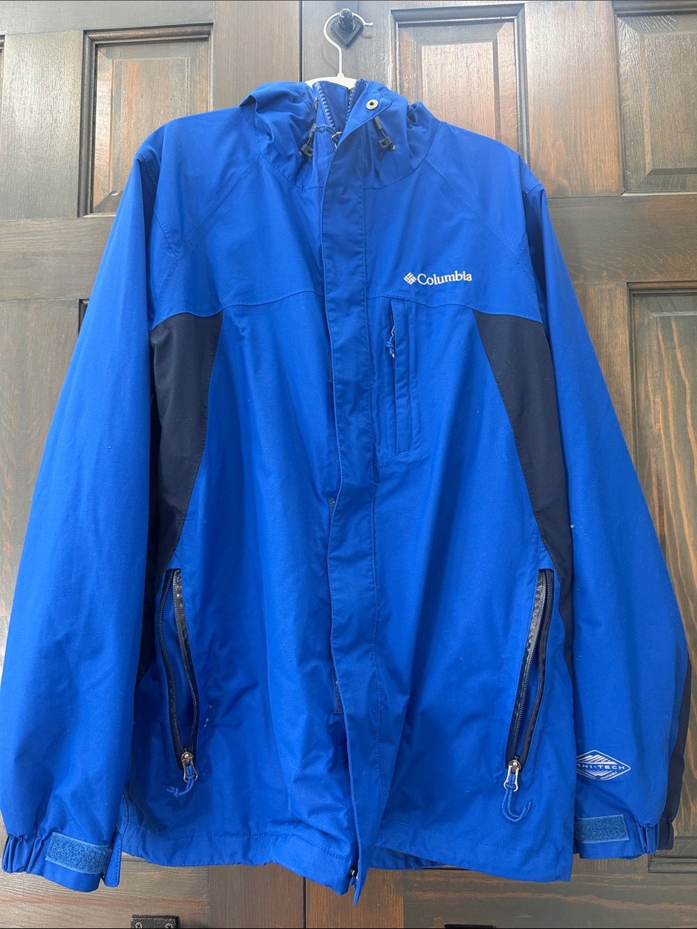 Columbia Royal Blue Hooded Men’s Omni heat outer shell Jacket with Navy Panels